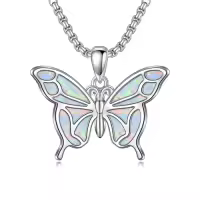 TOUPOP Sterling Silver Opal Hummingbird Horse Phoenix Wolf Butterfly Dragonfly Animal Necklace-style_name:Butterfly-opal