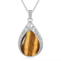 TOUPOP Sterling Silver Gemstone Teardrop Filigree Pendant Necklace-style_name:Tiger Eye
