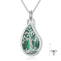 TOUPOP Sterling Silver Gemstone Teardrop Tree Of Life Urn Necklace-color_name:Malachite