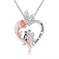 TOUPOP Sterling Silver Crystal Nightmare Necklace Jack And Sally Jewelry-style_name:Jack and Sally-I Love You Forever-Rose Flower