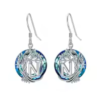 TOUPOP Sterling Silver Blue Crystal Tree Of Life Letter Drop Dangle Earrings-style_name:N Initial