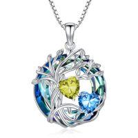 wholesale TOUPOP S925 Sterling Silver Family Celtic Tree Of Life Pendant Necklaces With 2 Heart Birthstone With Blue Austrian Crystal Jewelry Birthday Anniversary Christmas Gifts For Her Wife Girlfriend Mom (18k Real White Gold Filled) -color_name:08-12-Aug-Dec Birthstone