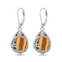 wholesale Teardrop Earrings For Women Celtic Filigree Drop Earrings Sterling Silver Leverback Jewelry Christmas Gifts For Women Mom -color_name:Tiger Eye