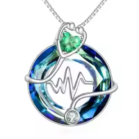 TOUPOP Sterling Silver Crystal 12 Months Birthstone Stethoscope Pendant Necklace-color_name:05-May-Created Emerald