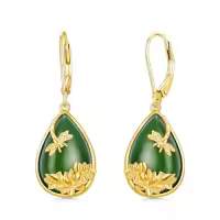 TOUPOP 14K Gold Plated Sterling Silver Round Natural Jade Earrings-style_name:D-Dragonfly-Green Jade-Gold