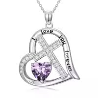 TOUPOP Sterling Silver Birthstone Heart Cross Necklace-color_name:02-February-Amethyst