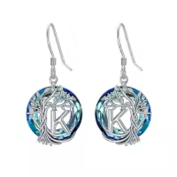 TOUPOP Sterling Silver Blue Crystal Tree Of Life Letter Drop Dangle Earrings-style_name:K Initial