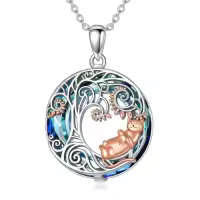 TOUPOP Sterling Silver & Stone Celtic Tree of Life Moon Cat Pendant Necklace-style_name:Tree of Life