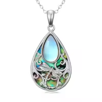 TOUPOP Sterling Silver Onyx Hummingbird Dragonfly Butterfly Snake Octopus Pendant Necklace-style_name:Moonstone-Dragonfly