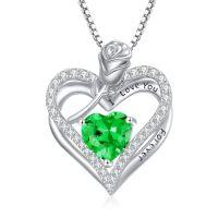 wholesale 925 Sterling Silver Double Heart Rose Necklace With 12 Birthstone Jewelry Birthday Anniversary Christmas Gifts For Her Wife Girlfriend Mom -color_name:5-May-Emerald