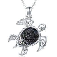 wholesale TOUPOP Sea Turtle Gifts Sterling Silver Tropical Palm Tree Ocean Pendant Crystal Sea Turtles Jewelry Christmas Summer Gifts For Women Her -style_name:B-Sea Turtle-Black Rutilated Quartz