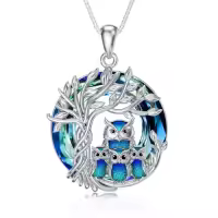 TOUPOP Sterling Silver Crystal Owl/Hummingbird Tree Of Life Pendant Necklace-color_name:03-Owls Family of 4