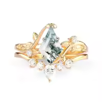 TOUPOP 10k 14k Gold Natural Moss Agate & Moissanite Women's Bridal Ring Set-style_name:A Moss Agate Gold Ring