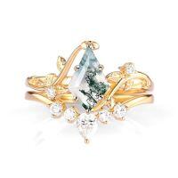 wholesale TOUPOP Natural Moss Agate Wedding Ring Set For Women 10k 14k 14k Solid Gold Moissanite Bridal Ring Set Engagement Ring Set Anniversary Natural Moss Agate Promise Rings For Her -style_name:A Moss Agate Gold Ring