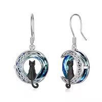 TOUPOP Sterling Silver Crystal Cat On Moon Dangle Drop Earrings-color_name:1 Cat(Black)-Blue Crystal-01-B
