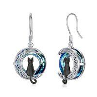 wholesale TOUPOP Cat On The Moon Earrings Sterling Silze Cut Animal Cat Dangel Drop Earrings With Circle Crystal Christmas Valentines Birthday Mothers Day Jewelry Gifts For Women Cat Lovers -color_name:1 Cat(Black)-Blue Crystal-01-B