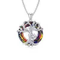 TOUPOP Sterling Silver Crystal Tree Of Life Necklace For Women-color_name:A-Mother and 1 Child-Volcano Crystal