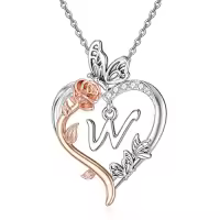 TOUPOP 925 Sterling Silver Rose Heart Butterfly Initial Necklace Gifts For Women-style_name:W Initial