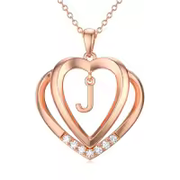 TOUPOP 925 Sterling Silver Moissanite Heart Letter Pendant Necklace-style_name:Rose Gold - J Initial
