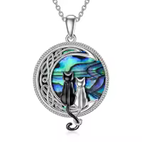 TOUPOP Sterling Silver Abalone Celtic Cat On Moon Necklace-color_name:2 Cats(Black and Silver)-Abalone Shell-02