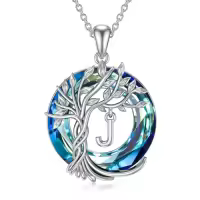 TOUPOP Sterling Silver Crystal Tree Of Life Letter Pendant Necklace-style_name:Tree of Life J Initial