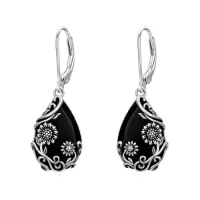 TOUPOP Sterling Silver Black Onyx Daisy Hibiscus Lotus Rose Peony Sunflower Dangle Earrings-style_name:Sunflower