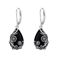 wholesale Daisy/hibiscus/lotus/rose/peony/sunflower Earrings 925 Sterling Silver Teardrop Black Onyx Dangle Earrings Vintage Flower Jewelry Gifts For Women -style_name:Sunflower