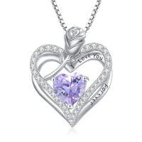 wholesale 925 Sterling Silver Double Heart Rose Necklace With 12 Birthstone Jewelry Birthday Anniversary Christmas Gifts For Her Wife Girlfriend Mom -color_name:6-Jun-Alexandrite