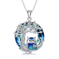 TOUPOP Sterling Silver Crystal Owl/Hummingbird Tree Of Life Pendant Necklace-color_name:03-Owls Family of 2