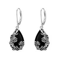 TOUPOP Sterling Silver Black Onyx Daisy Hibiscus Lotus Rose Peony Sunflower Dangle Earrings-style_name:Rose