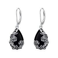wholesale Daisy/hibiscus/lotus/rose/peony/sunflower Earrings 925 Sterling Silver Teardrop Black Onyx Dangle Earrings Vintage Flower Jewelry Gifts For Women -style_name:Rose