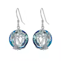TOUPOP Sterling Silver Blue Crystal Tree Of Life Letter Drop Dangle Earrings-style_name:V Initial
