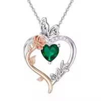 TOUPOP Sterling Silver Rose Heart Birthstone Necklace Butterfly Pendant-color_name:05-May-Emerald