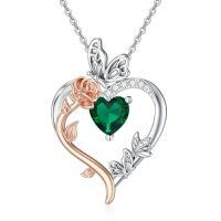 wholesale TOUPOP Rose Heart Birthstone Necklace 925 Sterling Silver Heart Butterfly Pendant Love Jewelry Birthday Christmas Gifts For Women Her -color_name:05-May-Emerald