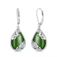 TOUPOP 14K Gold Plated Sterling Silver Round Natural Jade Earrings-style_name:D-Hummingbird-White Gold