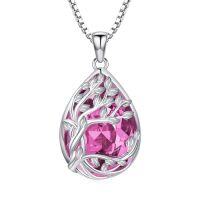 wholesale TOUPOP Tree Of Life Birthstone Necklace 925 Sterling Silver Family Tree Crystal Pendant Birthday Jewelry Christmas Gifts For Women Her -color_name:Tedardrop-10-October-Pink Tourmaline