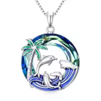 TOUPOP Sterling Silver Crystal Dolphins Pendant Necklace Gift For Women-style_name:Palm Tree Two Dolphins