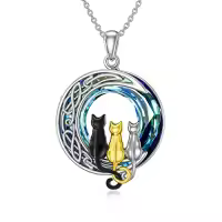 TOUPOP Sterling Silver Blue Crystal Cats On The Moon Pendant Necklace-color_name:3 Cats(Black, Yellow Gold, and Silver)-Blue Crystal-03-A
