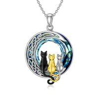 wholesale TOUPOP Christmas Cat Gifts For Cat Lovers One Two Three Four Cats Necklace Sterling Silver Cats On The Moon Pendant Necklace With Blue Circle Crystal Birthday Christmas Celtic Jewelry Gifts For Women -color_name:3 Cats(Black, Yellow Gold, and Silver)-Blue Crystal-03-A