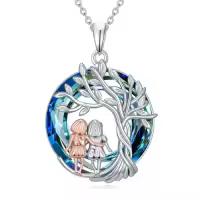 TOUPOP Sterling Silver Crystal Tree Of Life Sister Necklace Gifts For Women-color_name:2 Sister-Blue Crystal