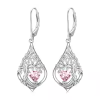 TOUPOP Sterling Silver Birthstone Tree Of Life Earrings-style_name:10-Oct-Pink