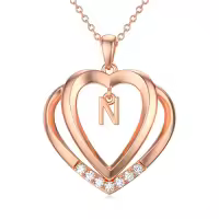 TOUPOP 925 Sterling Silver Moissanite Heart Letter Pendant Necklace-style_name:Rose Gold - N Initial