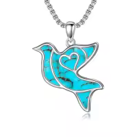 TOUPOP Sterling Silver Opal Hummingbird Horse Phoenix Wolf Butterfly Dragonfly Animal Necklace-style_name:Dove-Turquoise
