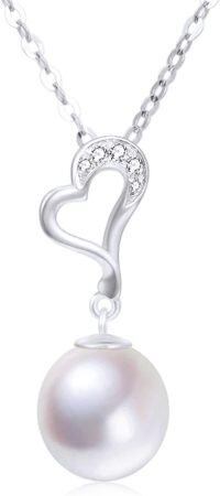 wholesale 14K White Gold Heart-Shaped Diamond and Freshwater Pearl Pendant Necklace (16-18)-White Gold