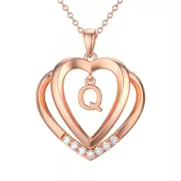 TOUPOP 925 Sterling Silver Moissanite Heart Letter Pendant Necklace-style_name:Rose Gold - Q Initial