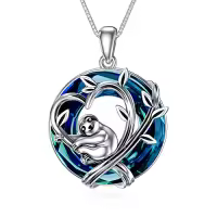 TOUPOP Sterling Silver Crystal Cute Animal Necklace Women Christmas Birthday Gifts-color_name:Sloth Necklace with Blue Circle Crystal
