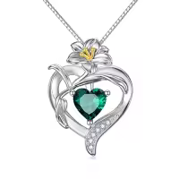 TOUPOP Sterling Silver & Birthstone Heart Birth Flower Pendant Necklace-style_name:5-May-Lily