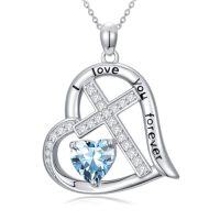 wholesale Cross Necklace For Women 925 Sterling Silver Heart Birthstone Necklaces Christian Jewelry Baptism Birthday Christmas Gifts For Women -color_name:03-March-Aquamarine