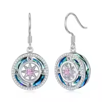 TOUPOP Sterling Silver Crystal Compass Dangle Earrings Birthday Gift For Women-color_name:A-10-October-Pink Tourmaline