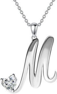 wholesale 18K White Gold Plated Sterling Silver Moissanite Heart Initial A-Z Necklace for Women-Initial M